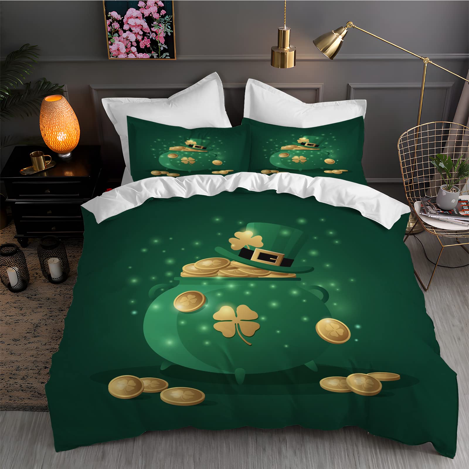 Housse de couette 240x260 vert Saint-Patrick en microfibre avec 2 taies d'oreiller