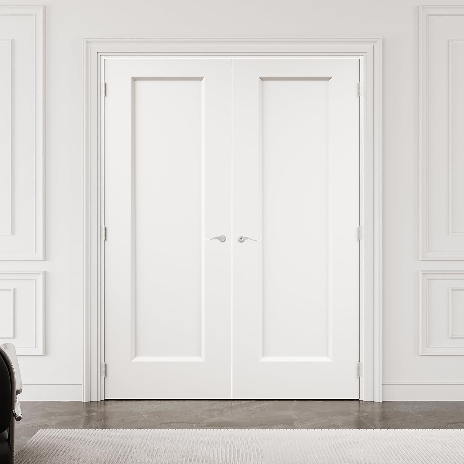 64" x 80" 1-Panel Hollow Core Interior French Door with Silver Hardware and Latch & Door Lever, White Finished & Durable, Laundry, Closet Doors, Room Doors
