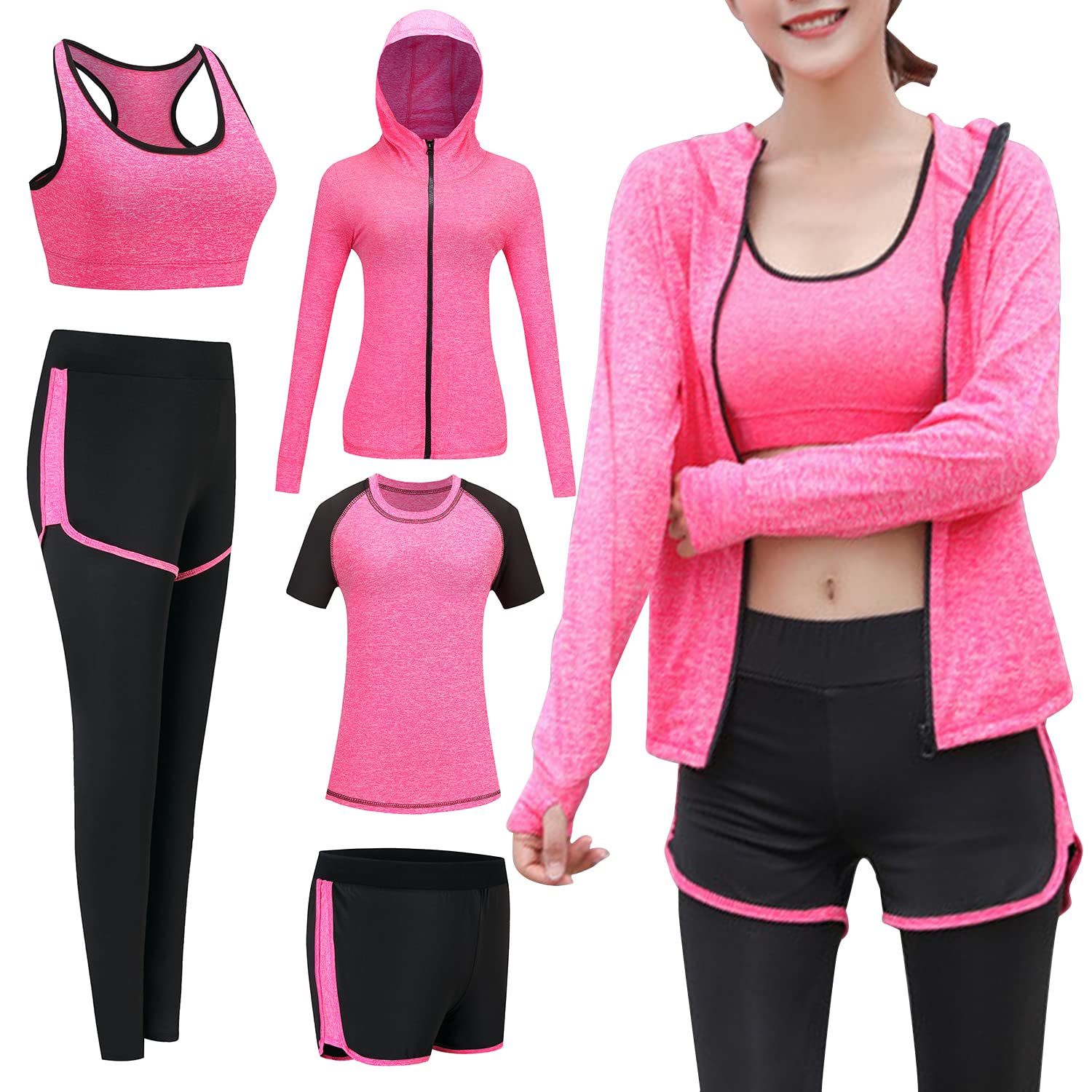 Abbigliamento Sportivo da Donna Tuta da Ginnastica Yoga Suit 5 Pezzi Completo Sportivo Fitness Running Jogging Training Abbigliamento