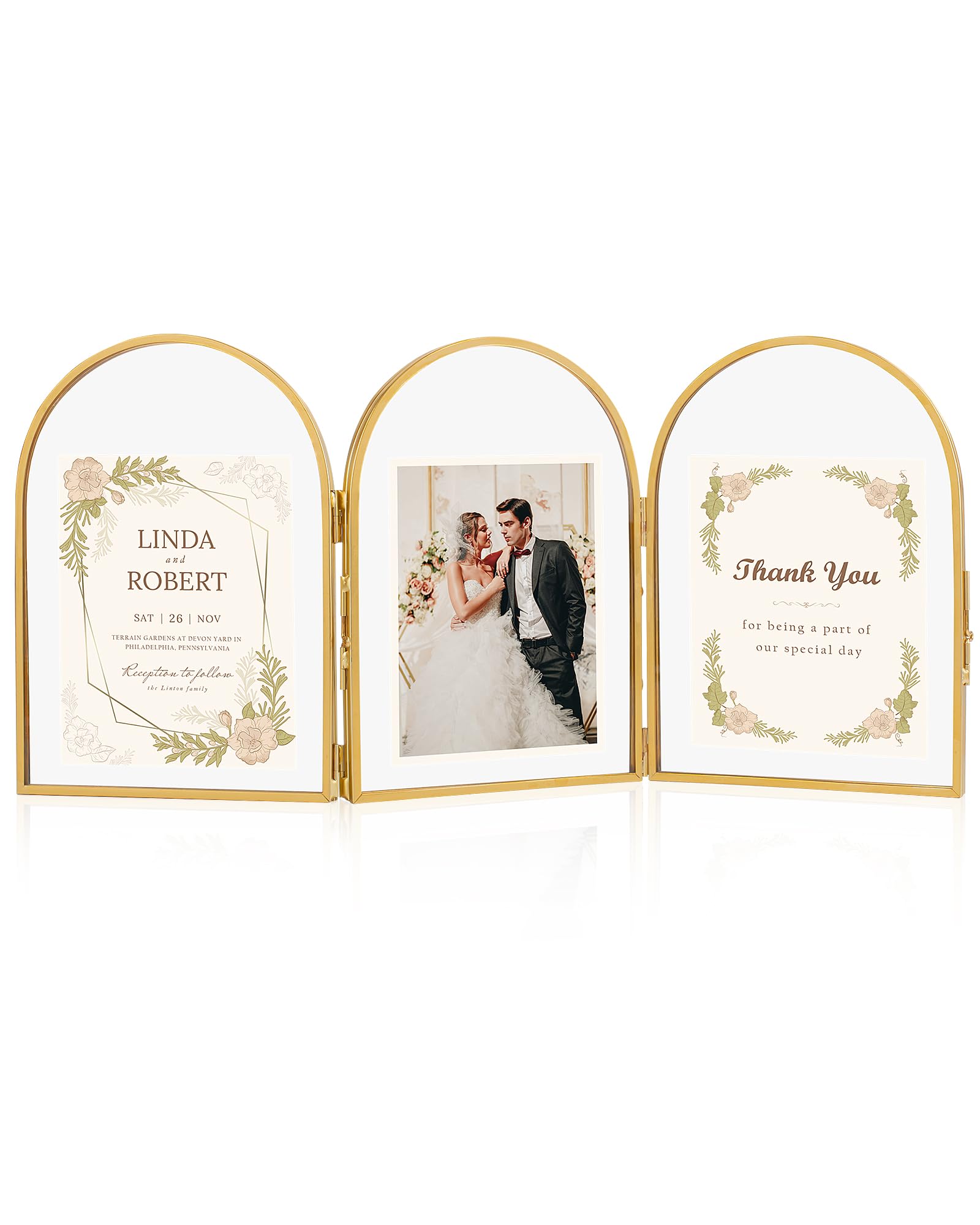 Jajamy 5x7 Triple Picture Frames, Arched Folding Hinged Brass Picture Frames for Three photos, Glass Floating Frame for Artwork Tabletop Display(5x7 Vertical)