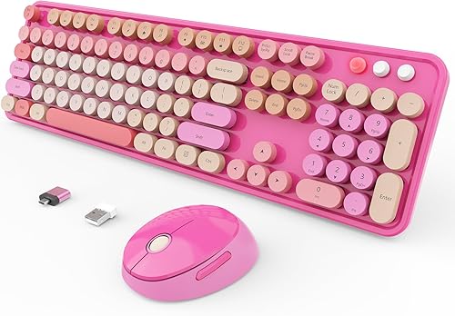 Miniatura 17 de Combo de teclado y mouse inalámbricos, teclado ergonómico de tamaño completo con diseño retro tipo máquina de escribir, con teclas redondas, Verde