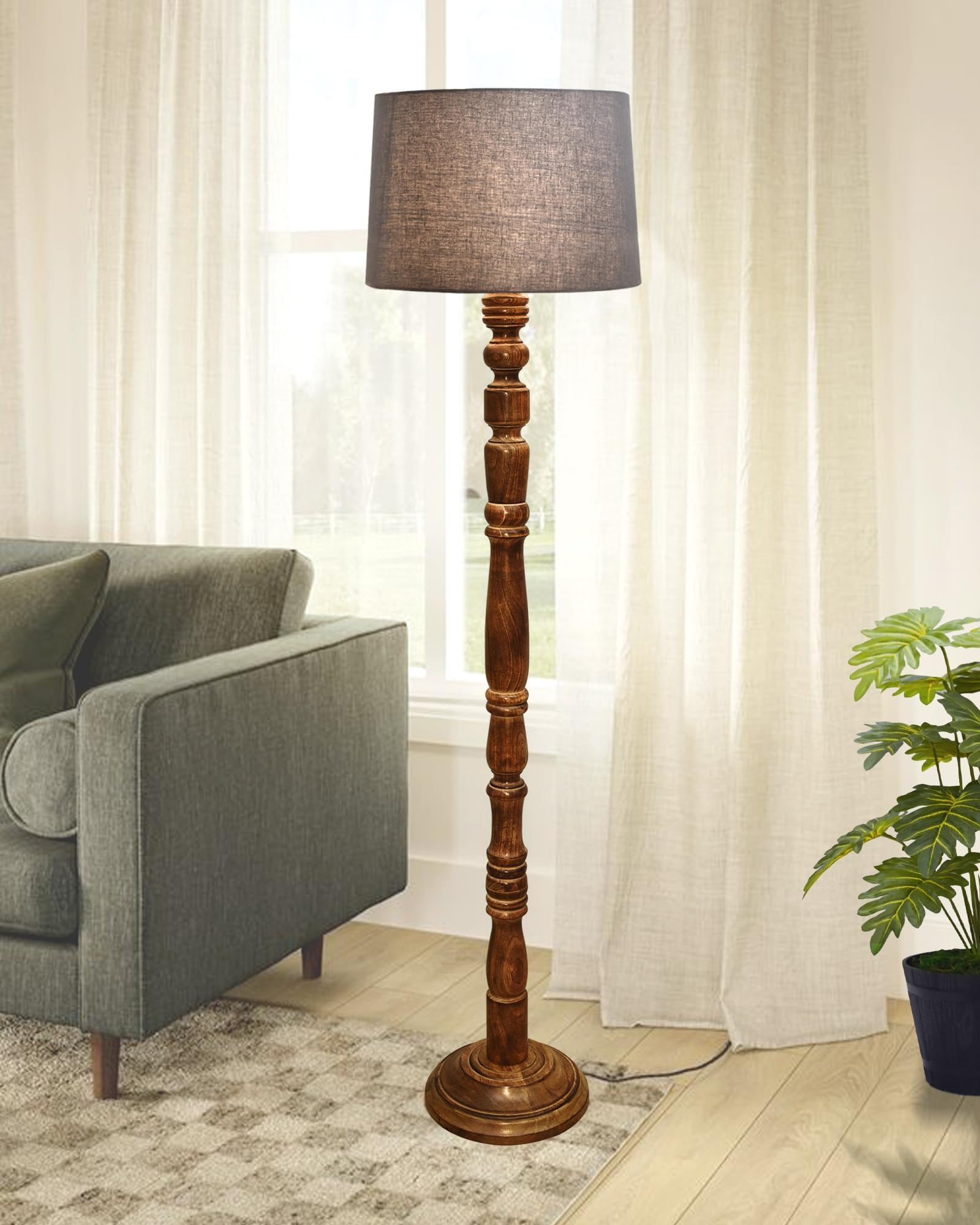 Homesake® Rustic Wood Floor Lamp for Living Room Walnut Brown with Multicolor Fabric Lamp Shade | Light Decoration for Home Side Lamp for Living Room | Antique Floor Light, Candlestick, Grey