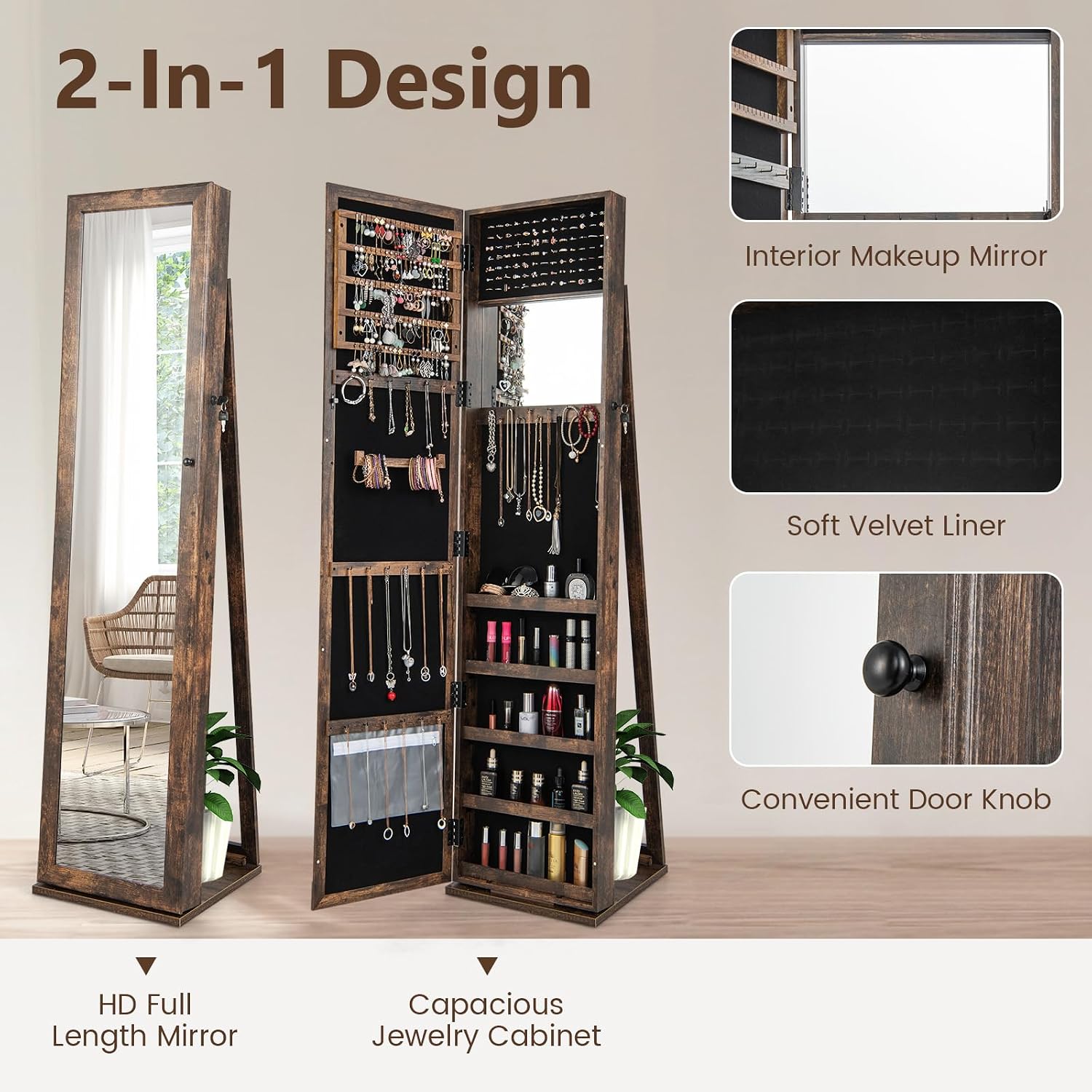 COSTWAY Standing Jewelry Cabinet, Large Capacity Jewelry Organizer w/Full-Length Mirror & Rear Storage Shelves, Lockable Mirror Jewelry Armoire with Keys for Girls Women (Rustic Brown)