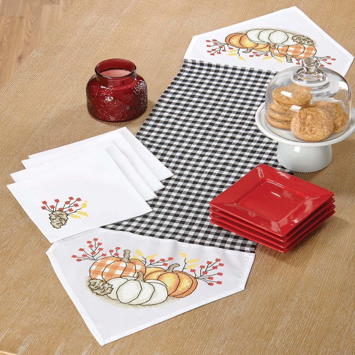 Herrschners Bountiful Thanks Table Runner & Napkins Stamped Cross-Stitch