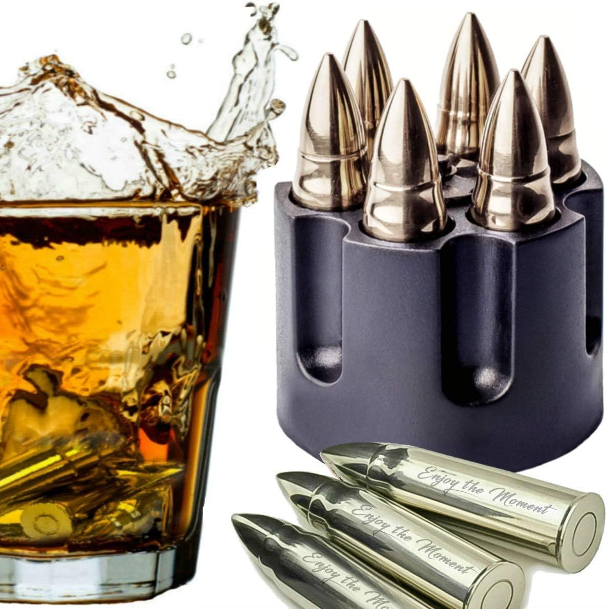 Whiskey Stones Large 6 Laser Engraved Stainless Steel Silver Chillers with Revolver Barrel Base Reusable Chilling Rocks Stone Ice Cubes Birth Day Gift Set for Father's Day, Military Man