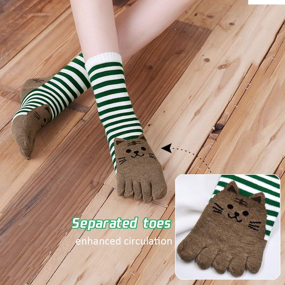 Hellomamma Women's Toe Sock Cute Cat Dog Ankle Sock Cotton Athletic Running Five Finger Socks for Girls
