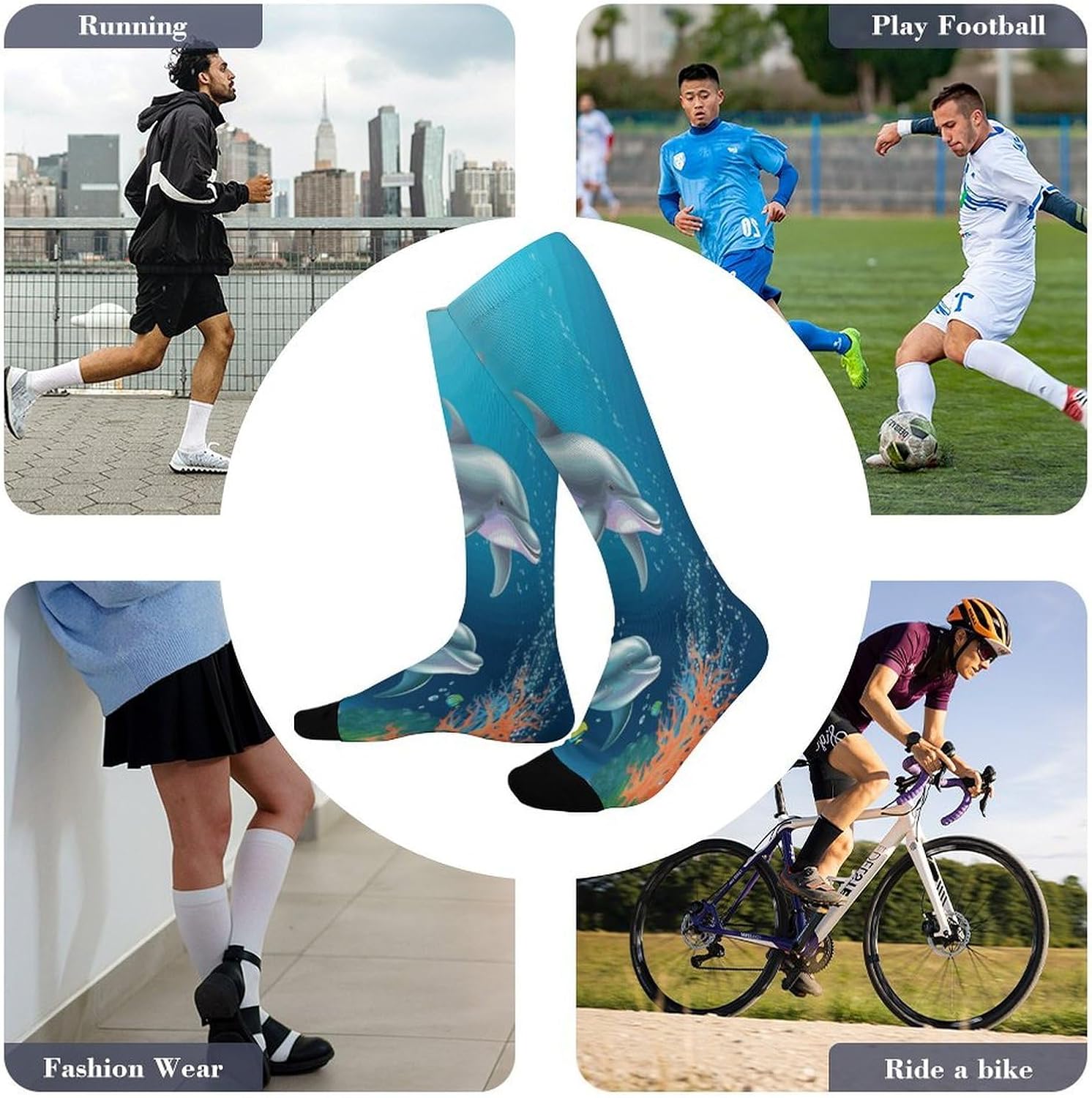 Dolphin And Fish Compression Sock Circulation Support Socks Lightweight Knee High Tube Sock Over-The-Calf Sock for Adult