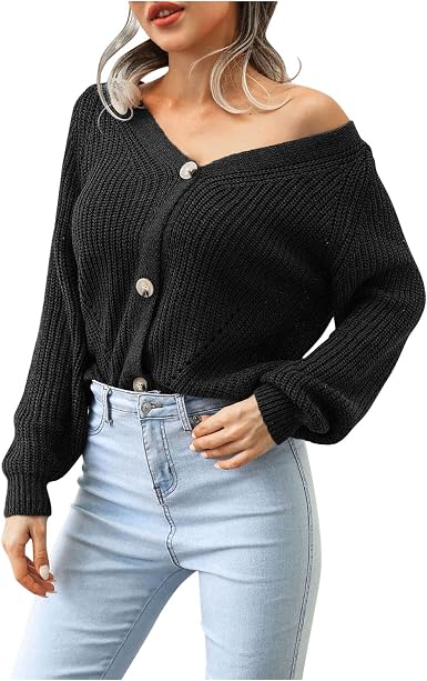 Amazon.com: Suéter de punto con cuello en V para mujer, estilo linterna,  manga larga, botones para mujer, tallas grandes, blusas gruesas informales,  Negro, talla única : Ropa, Zapatos y Joyería