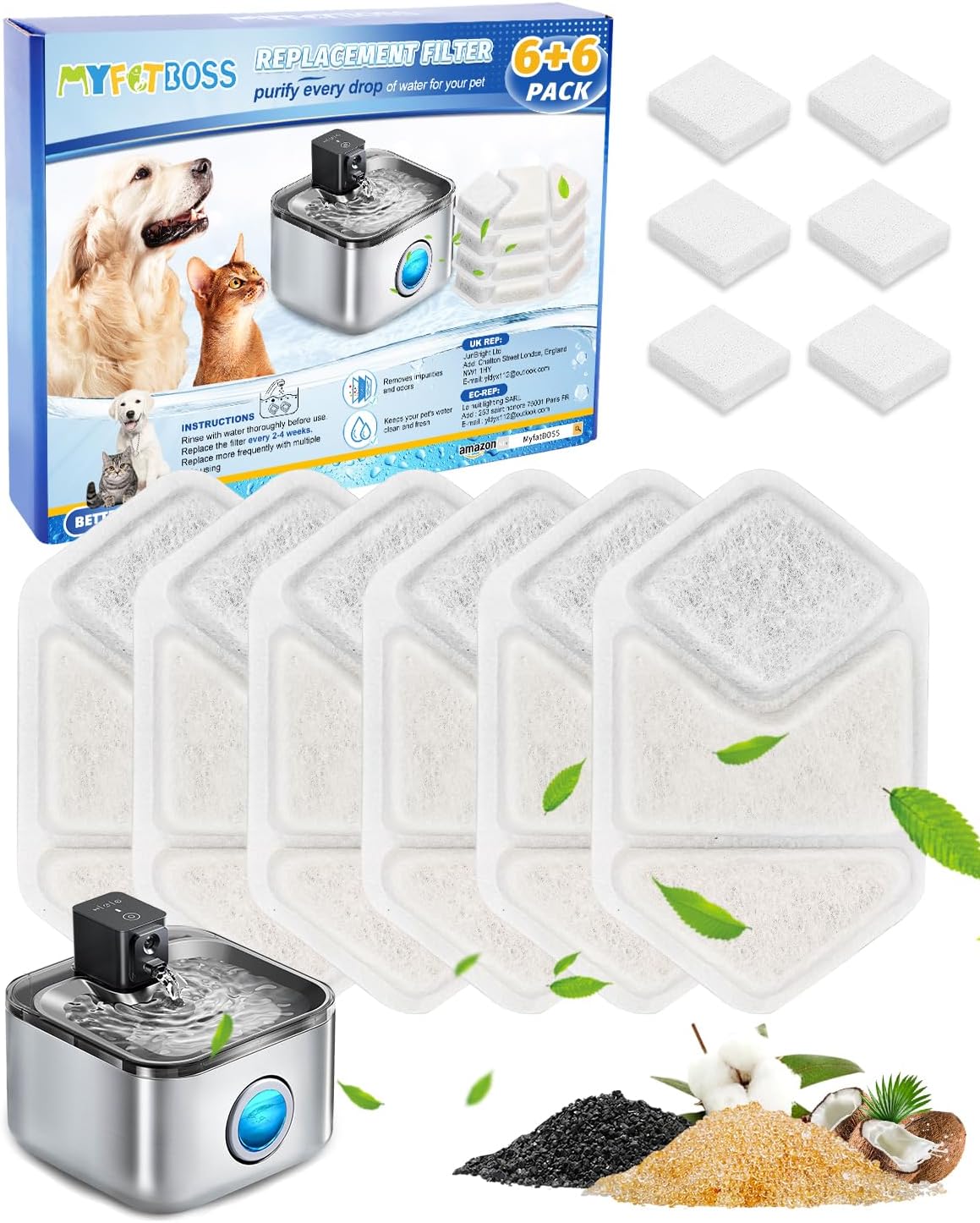 24 Pack Cat Water Fountain Filters Compatible with Speedeer Wireless Cat Fountain Stainless Steel Filters 135oz/4L ZTI0506 Filter for Cats with Pre-Filter Sponges