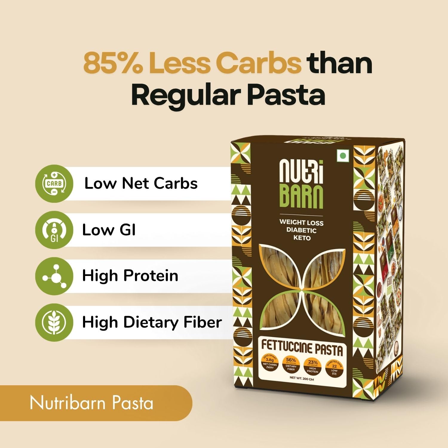 Nutribarn High Protein Low Carb Fettuccine Pasta 400 Gms | 23% Protein | 3.8g Net Carbs | Lab Tested Low GI 22 | Diabetic Friendly, Weight Management Flat Noodles | 200g (Pack of 2) 1