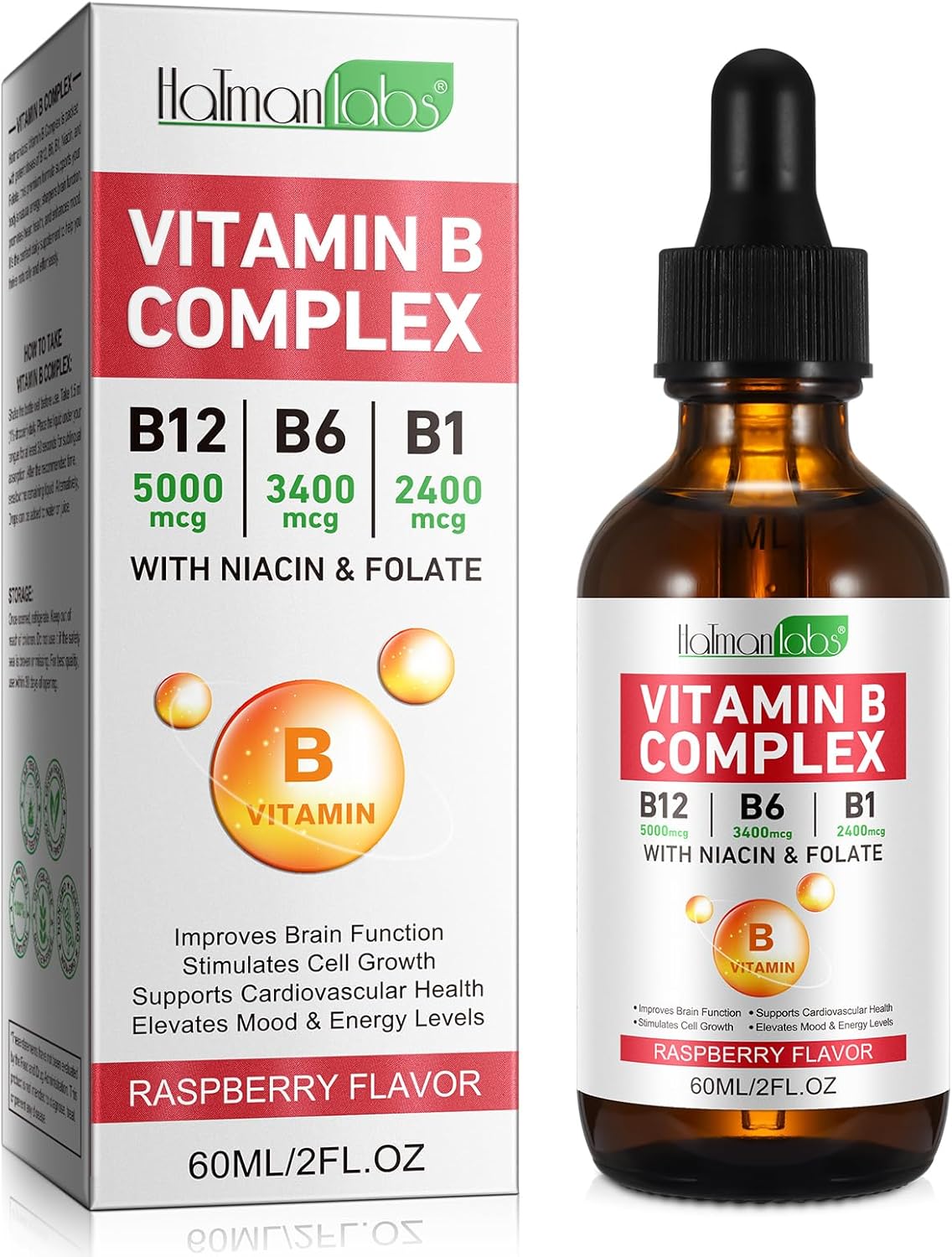 Liquid Vitamin B Complex Supplement, B Vitamins Complex – Vitamin B12 B1 B6 Niacin & Folate, 60ml, Raspberry Flavour – Supports Brain Heart Function, Elevates Mood & Energy Levels
