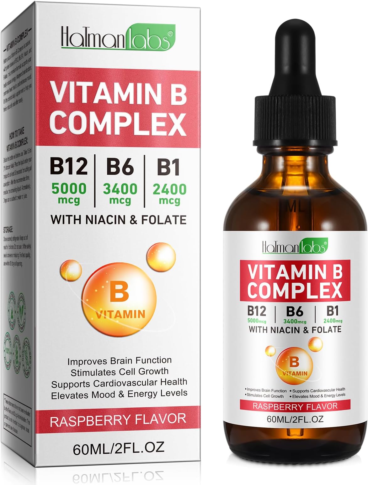 Liquid Vitamin B Complex Supplement, B Vitamins Complex - Vitamin B12 B1 B6 Niacin & Folate, 60ml, Raspberry Flavour - Supports Brain Heart Function, Elevates Mood & Energy Levels