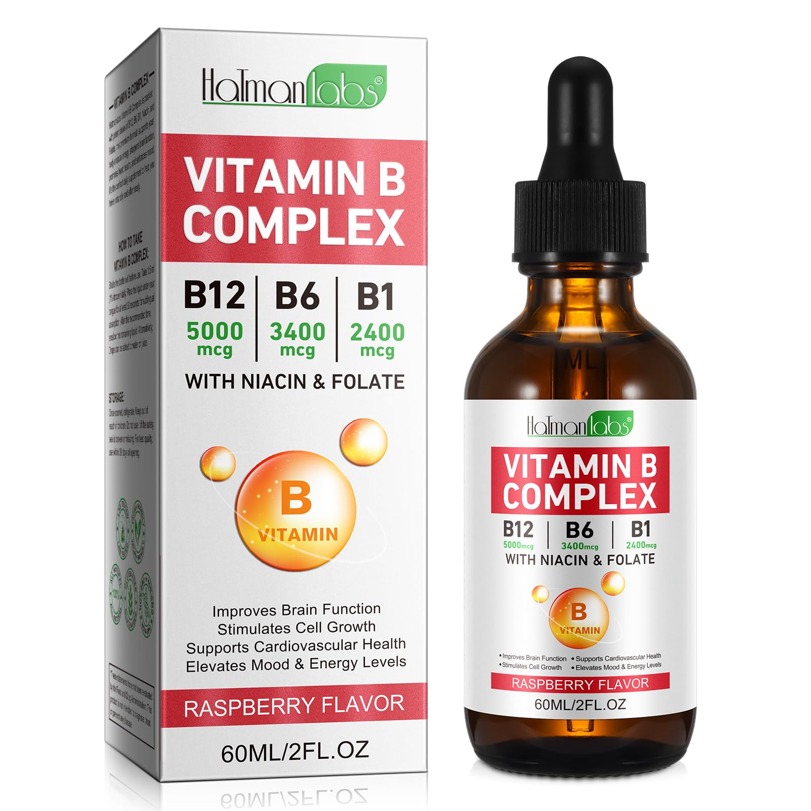 Liquid Vitamin B Complex Supplement, B Vitamins Complex - Vitamin B12 B1 B6 Niacin & Folate, 60ml, Raspberry Flavour - Supports Brain Heart Function, Elevates Mood & Energy Levels