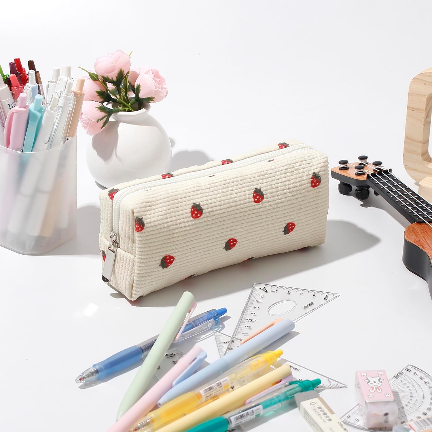 Corduroy Pencil Case Cute Aesthetic Student Pen Case Pouch Women Girls Cosmetic Bag Make Up Purse (Flower H) image 2