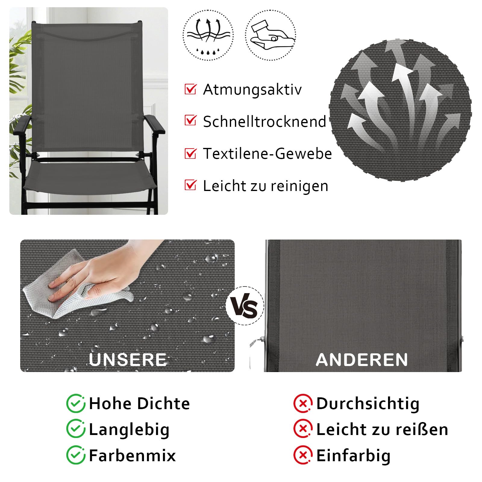 YLGJ&TIDY Gartenstühle 2er Set, Klappbar, Gartenstuhl Hochlehner, Wetterfest, Stahlrahmen, Terrassenstühle, Gartenstuhl 150 kg Belastbar, Grau