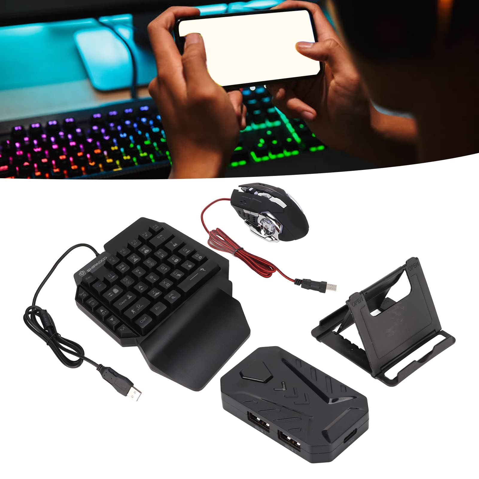 Dpofirs Combo Mouse e Tastiera da Gioco con Una Sola Mano, Convertitore di Tastiera e Mouse Adattatore Mouse per Tastiera da Gioco Mobile per Giocatore(Mescola Lite+F6+G2)
