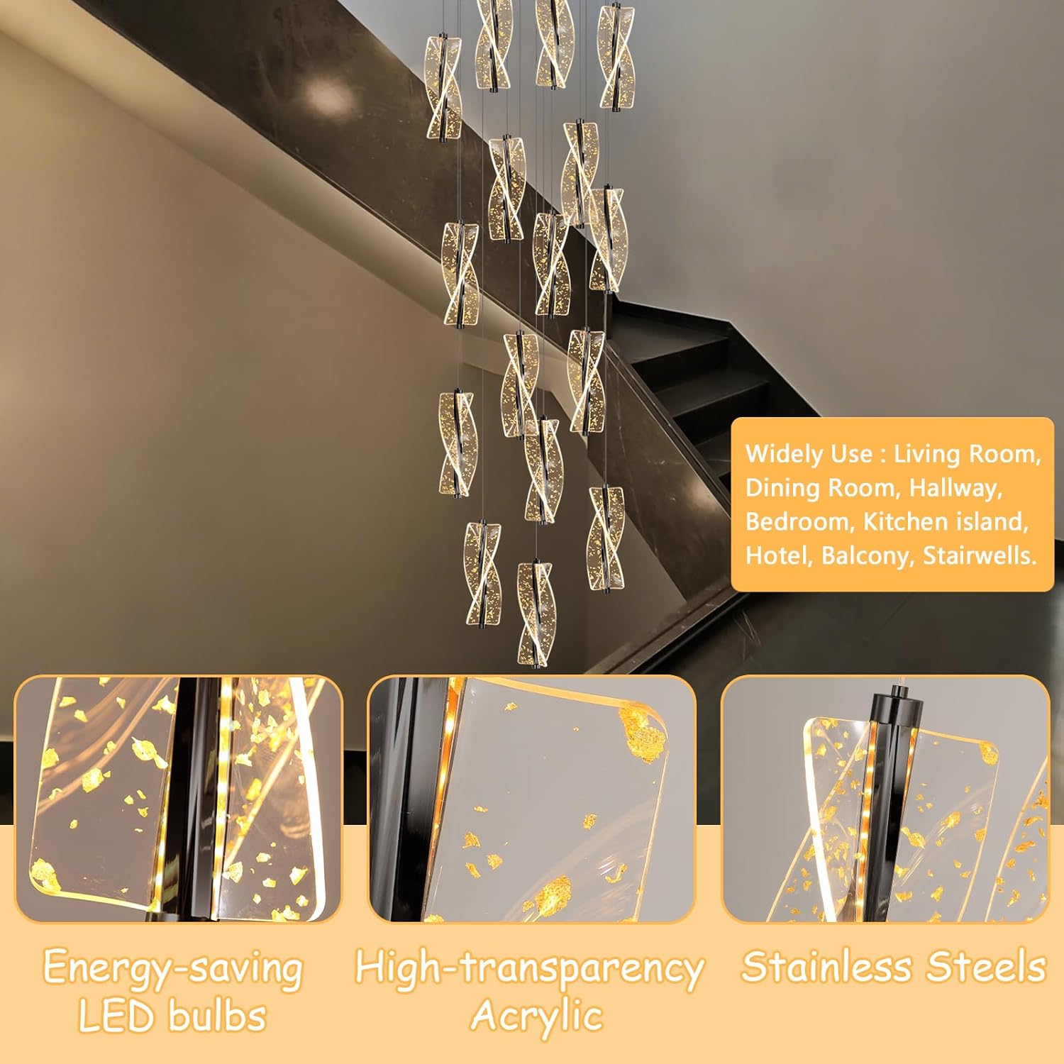 16 Lights Modern LED Dimmable Chandelier for High Ceiling Chandelier for Staircase Foyer Entrance Living Room Lighting Dining Room Bedroom Black