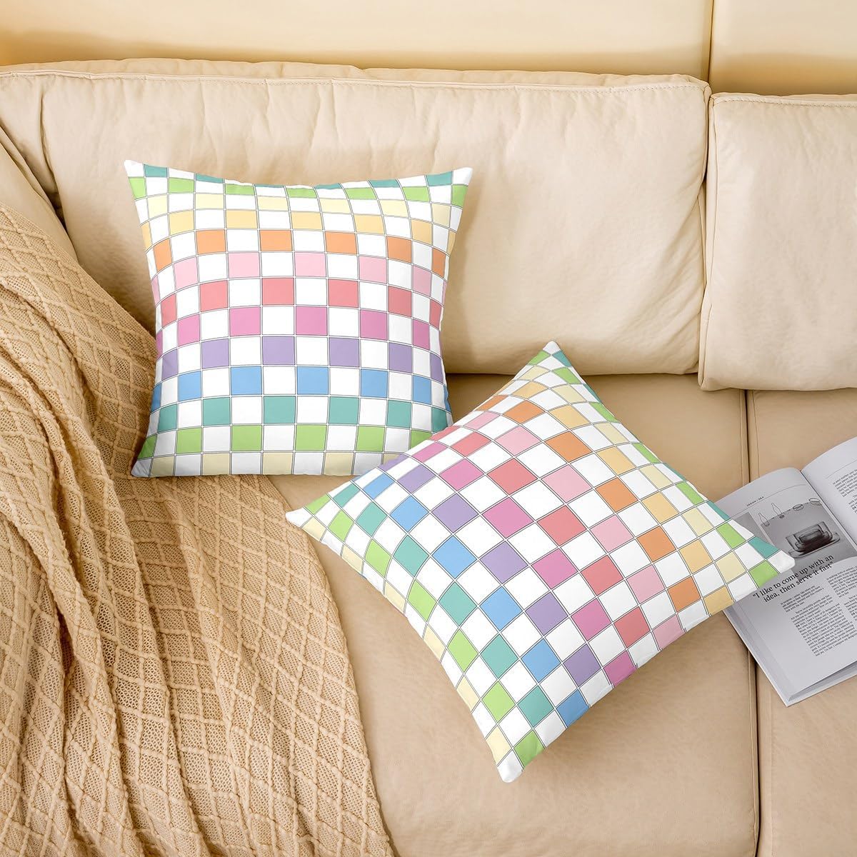 Erosebridal Colorful Checkered Throw Pillow Covers 16x16 Set of 2 Rainbow Ombre Checkerboard Pillow Covers Buffalo Plaid Grid Cushion Cover Aesthetic Gingham Pillow Cases for Couch Sofa image 2