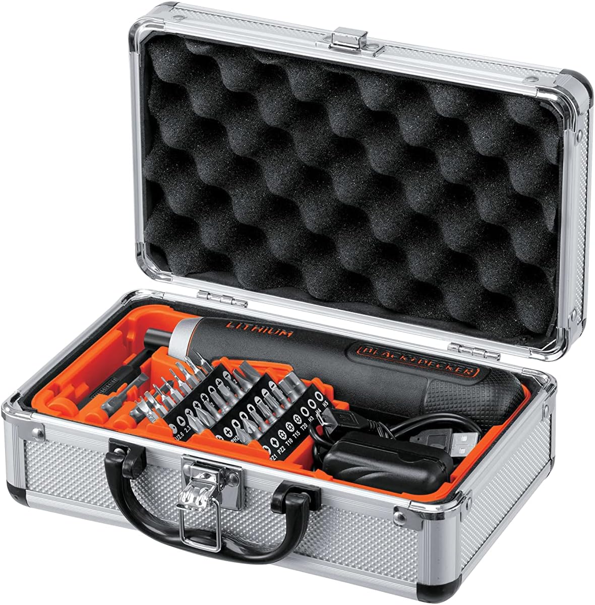 Aluminum case with BLACK+DECKER BD40K27A-JP Cordless Push Driver and 26 types of bits