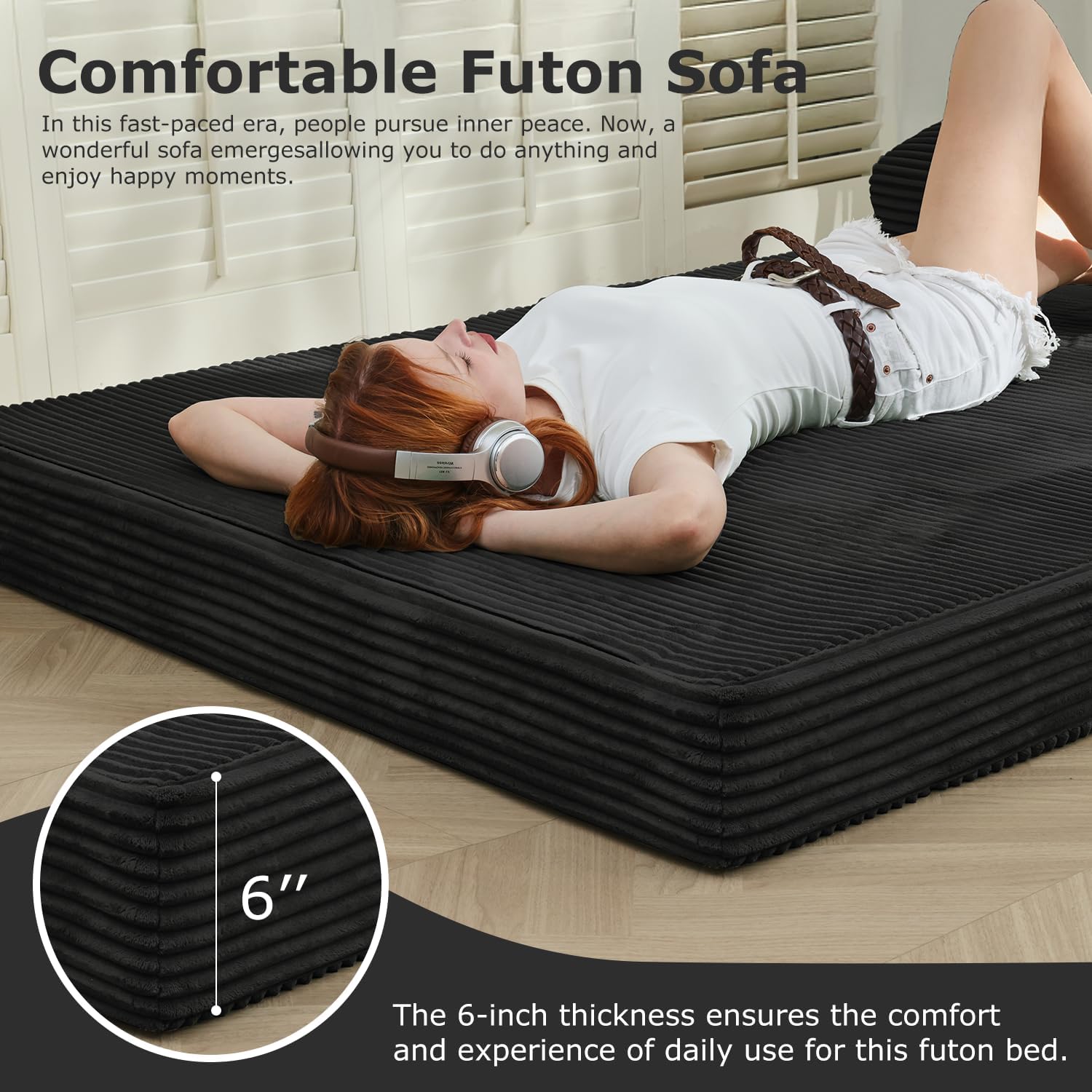 Folding Futon Sofa Bed Full Size, 6 inch Convertible Floor Couch Bed with Removable Corduroy Cover, Pull Out Couch for Small Spaces High-Density Foam,Black