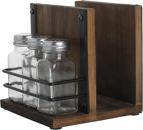 MyGift Servilletero con juego de salero y pimentero, dispensador de servilletas de mesa de madera con organizador de condimentos y 3 cocteleras de