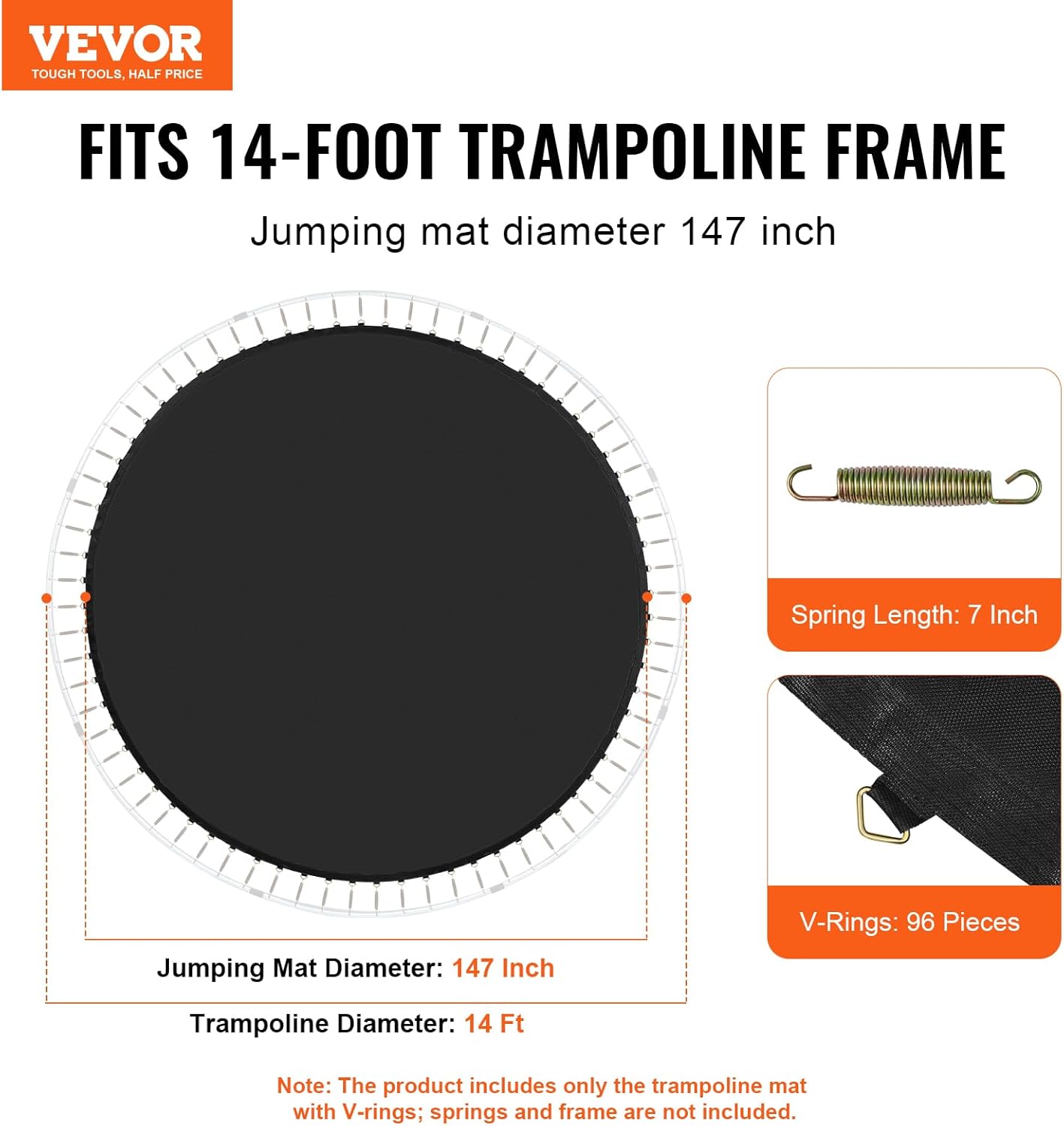 VEVOR Replacement Trampoline Mat, Jumping Mat Fits 12/13/14/15 ft Frame, Universal Jumping Round Trampoline, UV-Resistant Mat with Spring Tool & 72/80/92 V-Rings, Fit 5.5"/6.5"/7" Spring Length 14FT-96 V-rings-Fit 7" Spring Length