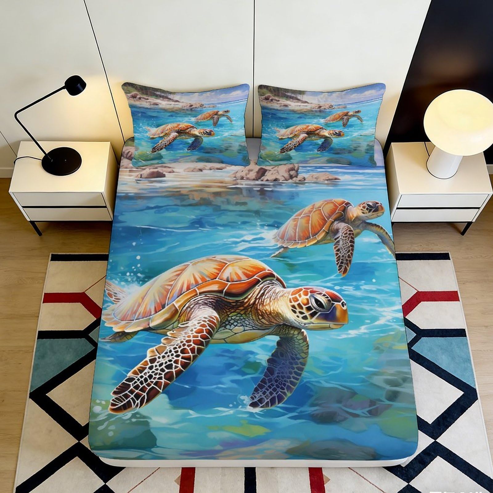 3D Printed Sea Turtle Ocean Fitted Sheet Microfiber Soft Breathable Water Landscape Mattress Cover for Bedroom Guest Room 180x200x25cm