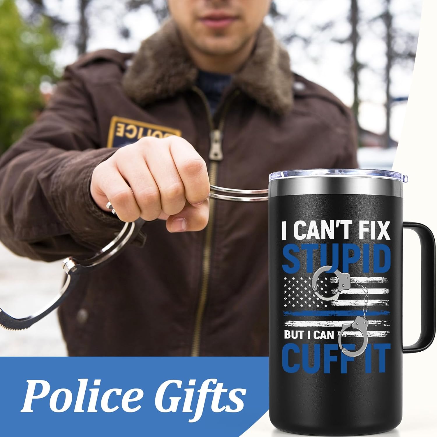 Lifecapido Police Gifts for Men, I Can't Fix Stupid But I Can Cuff It 20oz Coffee Mug, Police Officer Correctional Officer Birthday Christmas Gifts for Men Dad Husband Coworker - Image 2