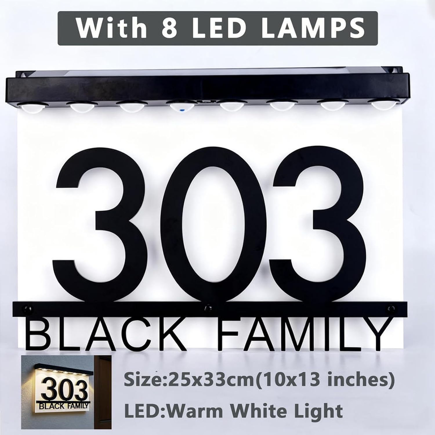 Solar LED House Number Sign, Outdoor Custom Design with 6/8 Lamps, Personalized Waterproof Address Plaque, Solar Powered Wall or Door Light (Cut-Out Acrylic Design)