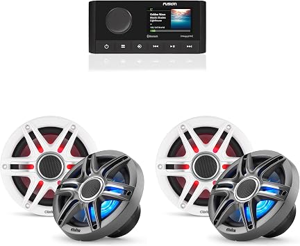 Fusion MS-RA210 Source Unit w/Clarion 2 Pair CMSP-651RGB-SWG Premium 6.5-inch Coaxial Marine Speakers with Built-in RGB Illumination Includes White & Gray Sport Grilles
