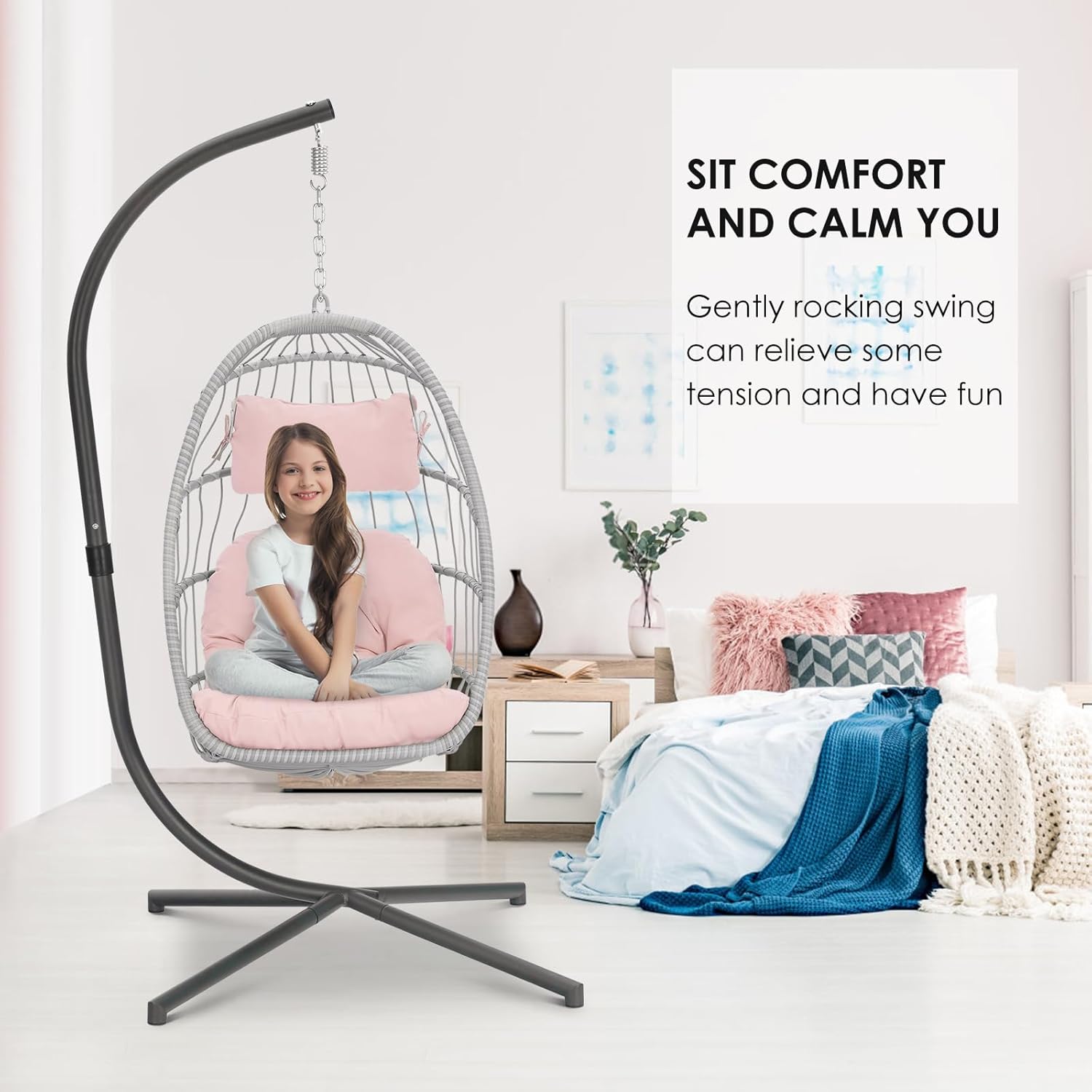 Brafab Pink Egg Chair with Stand Indoor Outdoor Swing Egg Chair, Patio Wicker Hanging Chair with Stand Hammock Egg Chairs with UV Resistant Cushion and Aluminum Steel Frame for Bedroom Balcony Garden