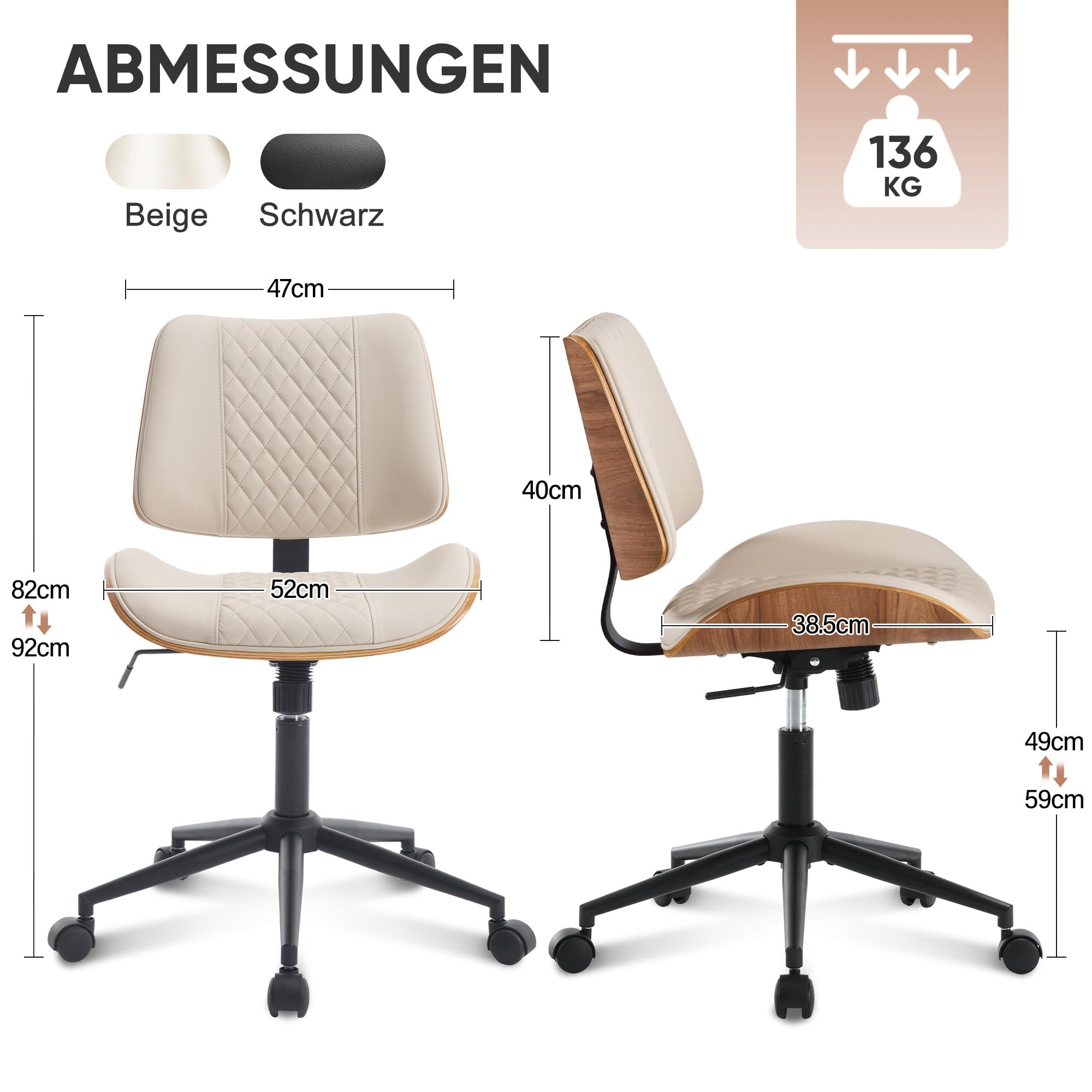Bürostuhl ohne Armlehne Schreibtischstuhl Leder Holz Modern Homeoffice Chair Wippfunktion bis 136 kg Belastbar Höhenverstellbar 360° Drehstuhl für Arbeitszimmer Schlafzimmer Heimbüro Beige
