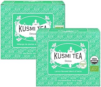 KUSMI TEAPack of 2 Boxes of Tea Bags - Detox - Organic Blend of Green Tea, Mate & Lemon - Lemongrass, Rose Hip and Lemon Flavours - Enjoy Hot or Iced - 2x20 Tea BagsEU OrganicUSDA Organic