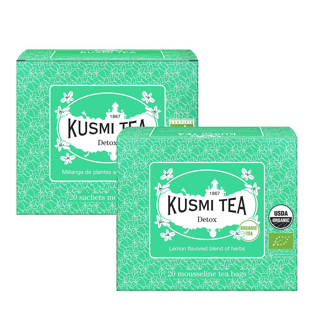 Kusmi Tea - Pack of 2 Boxes of Tea Bags - Detox - Organic Blend of Green Tea, Mate & Lemon - Lemongrass, Rose Hip and Lemon Flavours - Enjoy Hot or Iced - 2x20 Tea BagsUSDA OrganicEU Organic