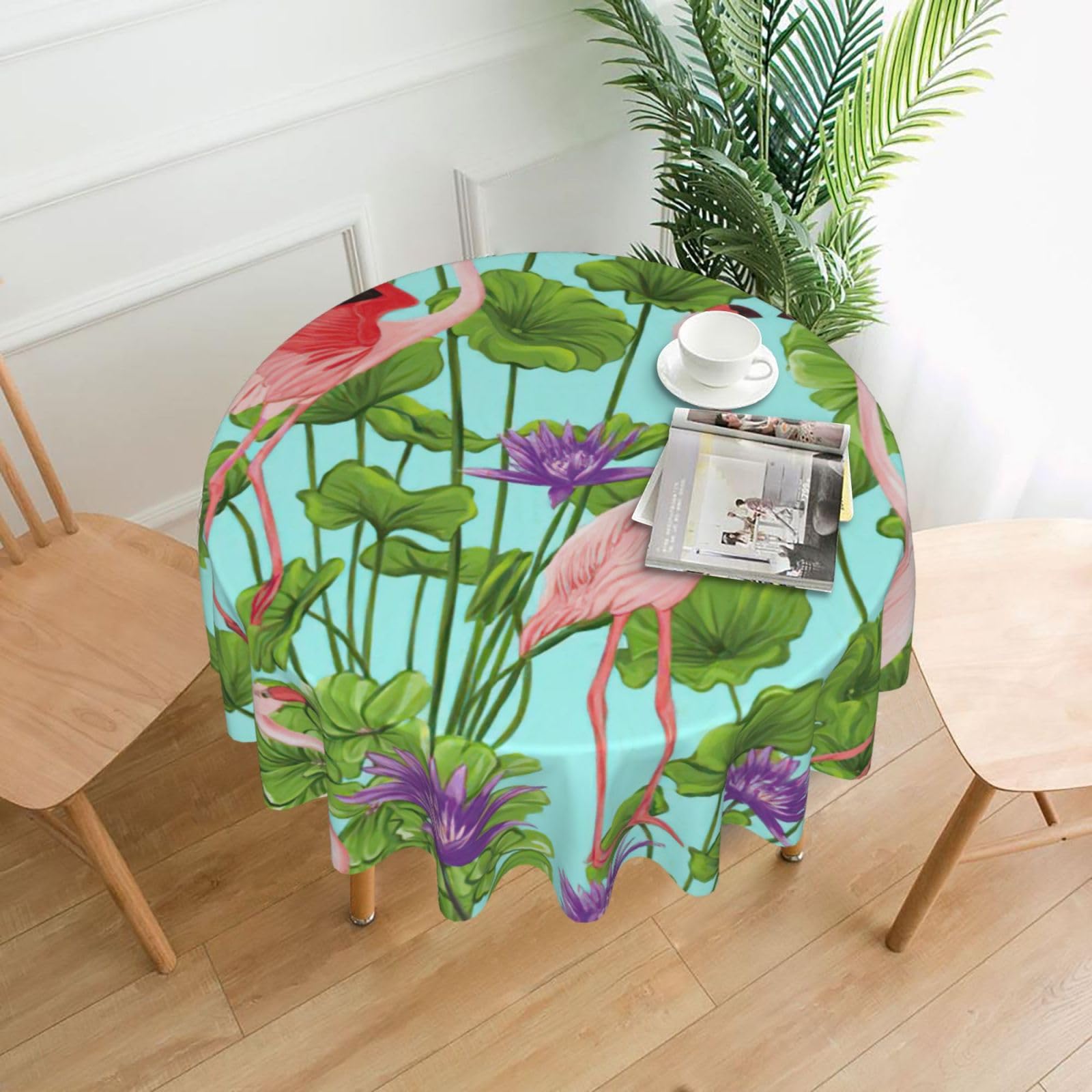 SDEGTHO Flamingo Love Flowers Print Modern Retro Round Tablecloth 60in Polyester Fabric Cover for Party Dining Table Washable