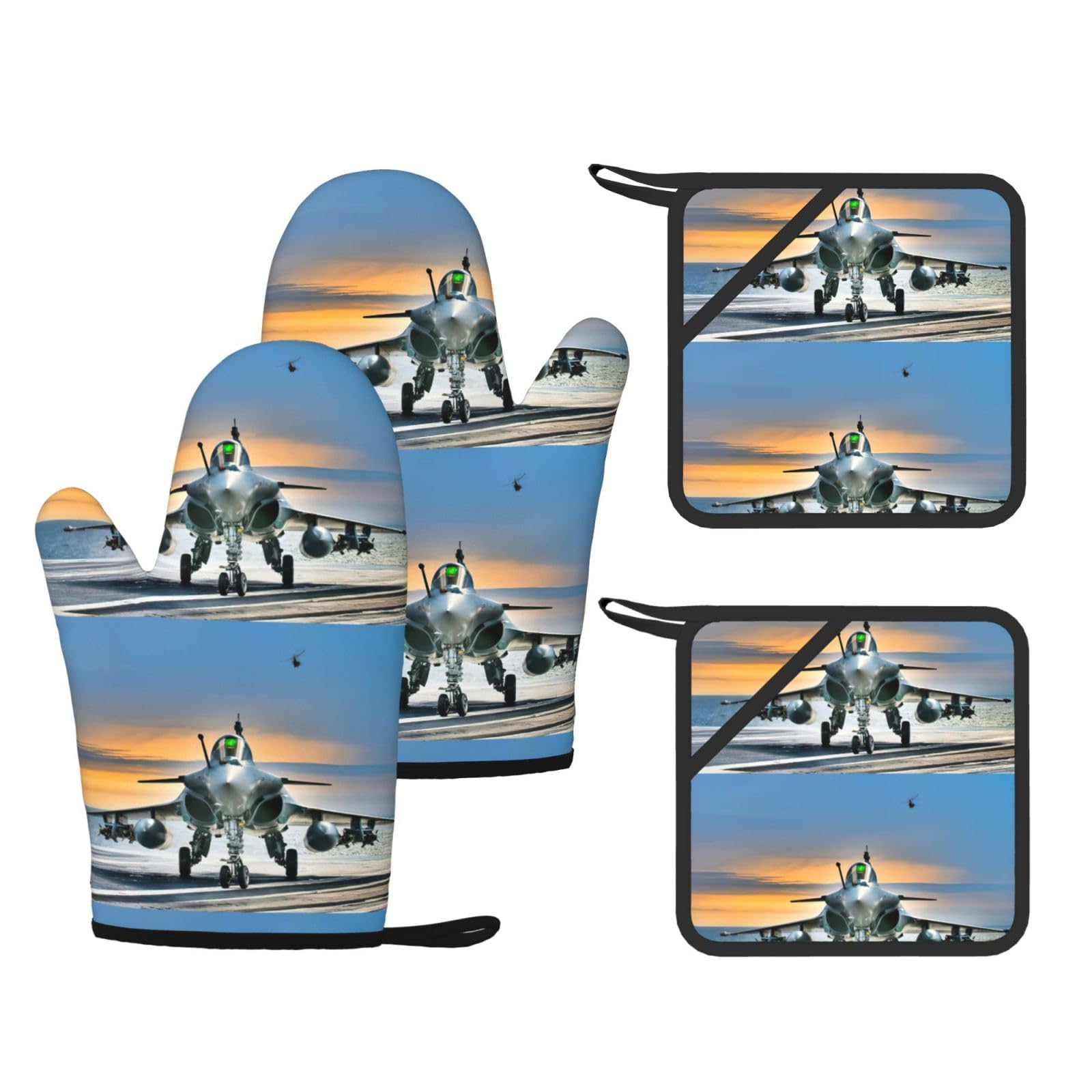 Airplane Printed Oven Mitts and Pot Holders Set of 4, Heat Resistant Silicone Gloves for Baking Grilling