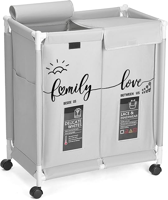 Hivexagon 2 Section Laundry Basket with Lid, Laundry Hamper, Laundry Sorter, 110L Large Oxford Clothes Laundry Sorter with Rolling Wheels, Lid and Sorting Cards for Clothes & Toys Storage Light Gray