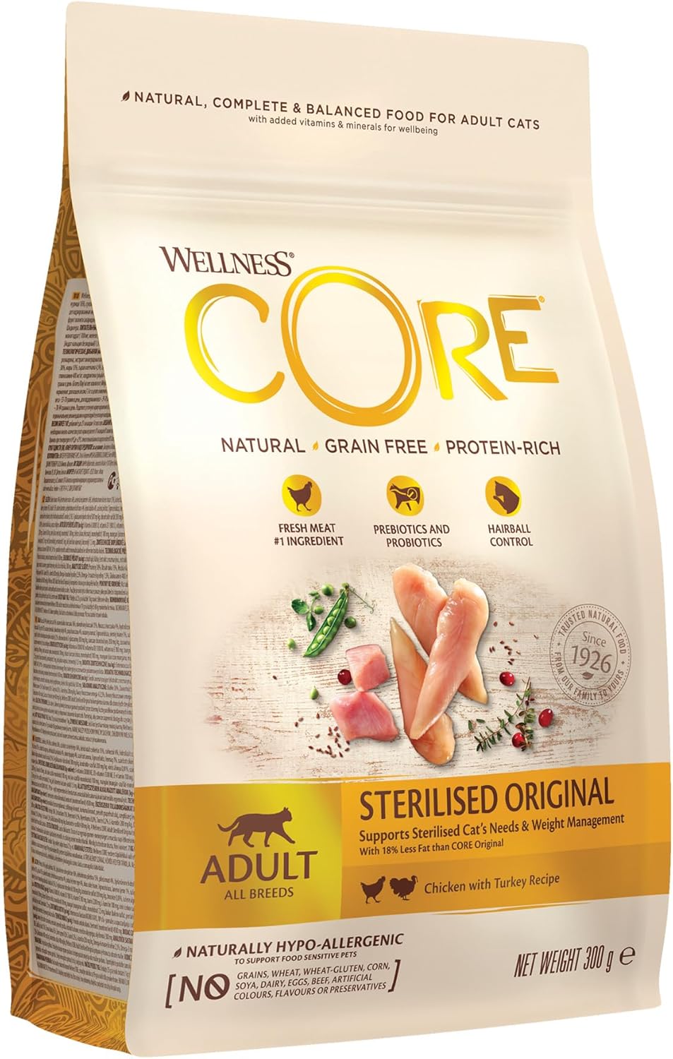 Wellness CORE Sterilised Original, 300g, Chicken & Turkey, Dry Cat Food for Sterilised / Indoor Cats, Grain-Free, High Meat Content, Protein-Rich, Supports Healthy Weight Management