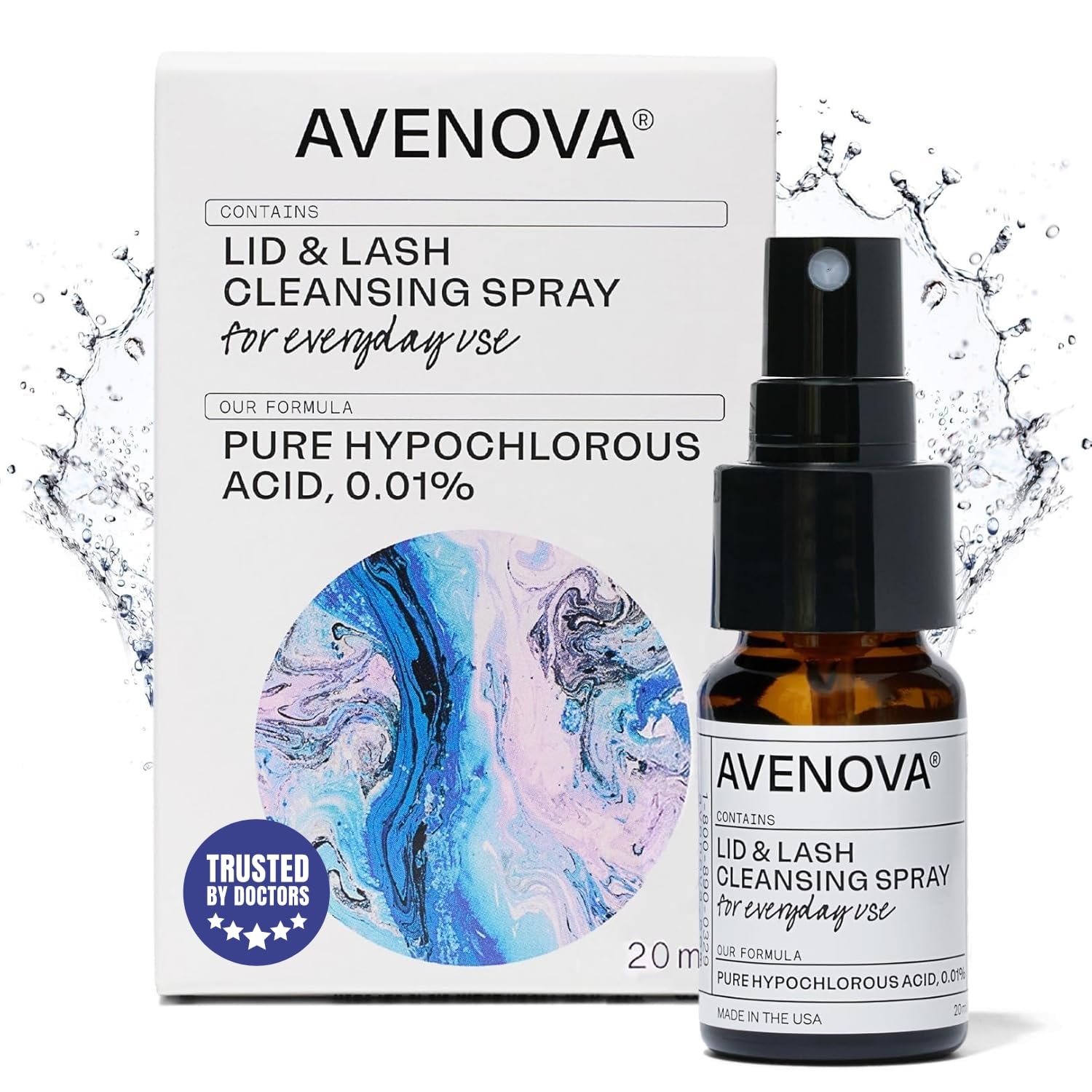 AvenovaDirect for Eyelids and Eyelashes, Styes, Dry Eyes, Blepharitis, Meibomian Gland Dysfunction, and Red Eyelids, 0.01% Hypochlorous Acid Spray Solution, 20mL (0.68 oz)