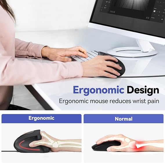 TECKNET Wired Mouse, 6400 DPI Ergonomic Mouse 6 Buttons Silent Mice 4 Adjustable DPI Vertical Mouse Compatible with Windows/Chrome/Laptop/Computer