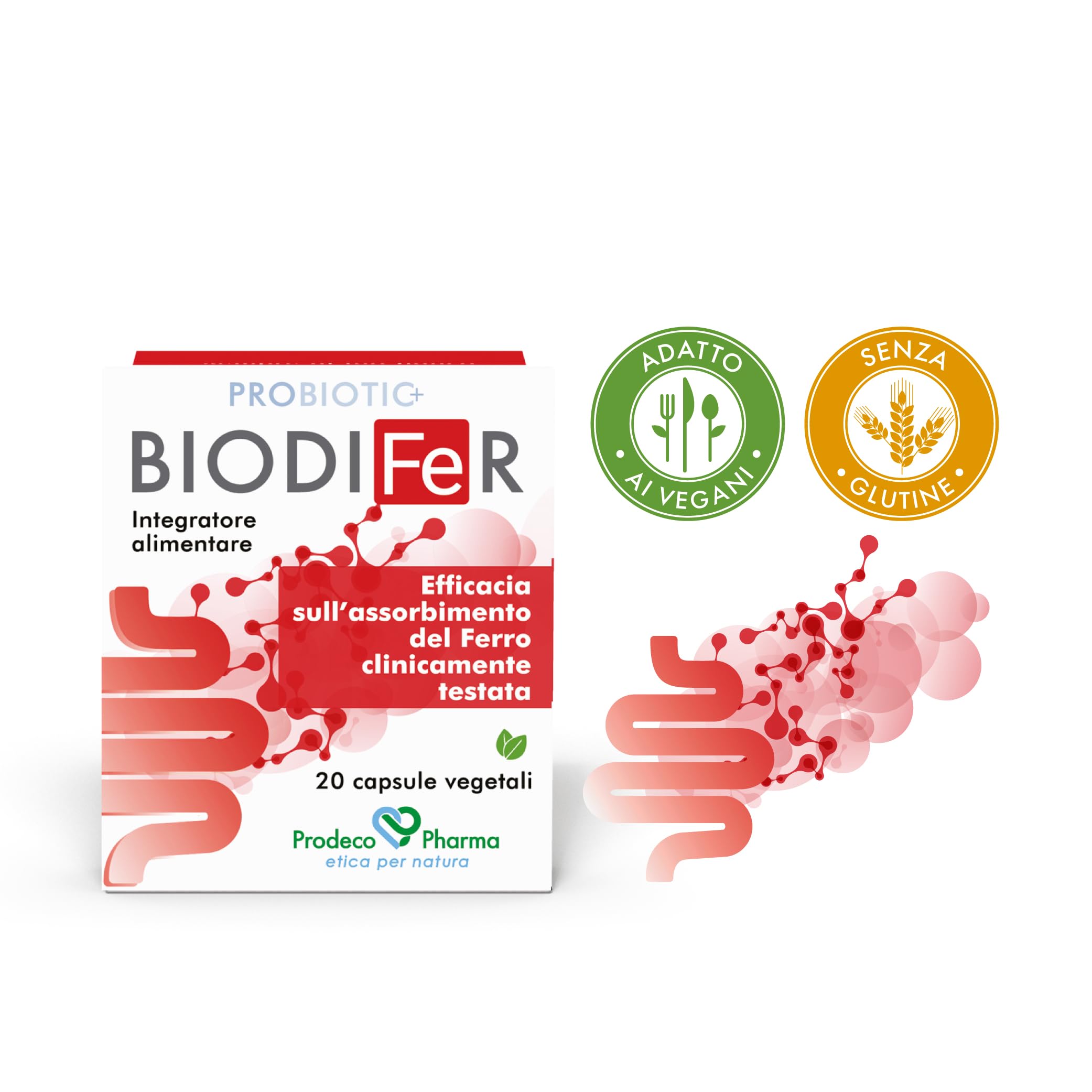 Prodeco Pharma PROBIOTIC+ Biodifer 20 Capsule - Integratore Alimentare Ferro, Vitamina C, Acido Folico e Lactobacillus Plantarum