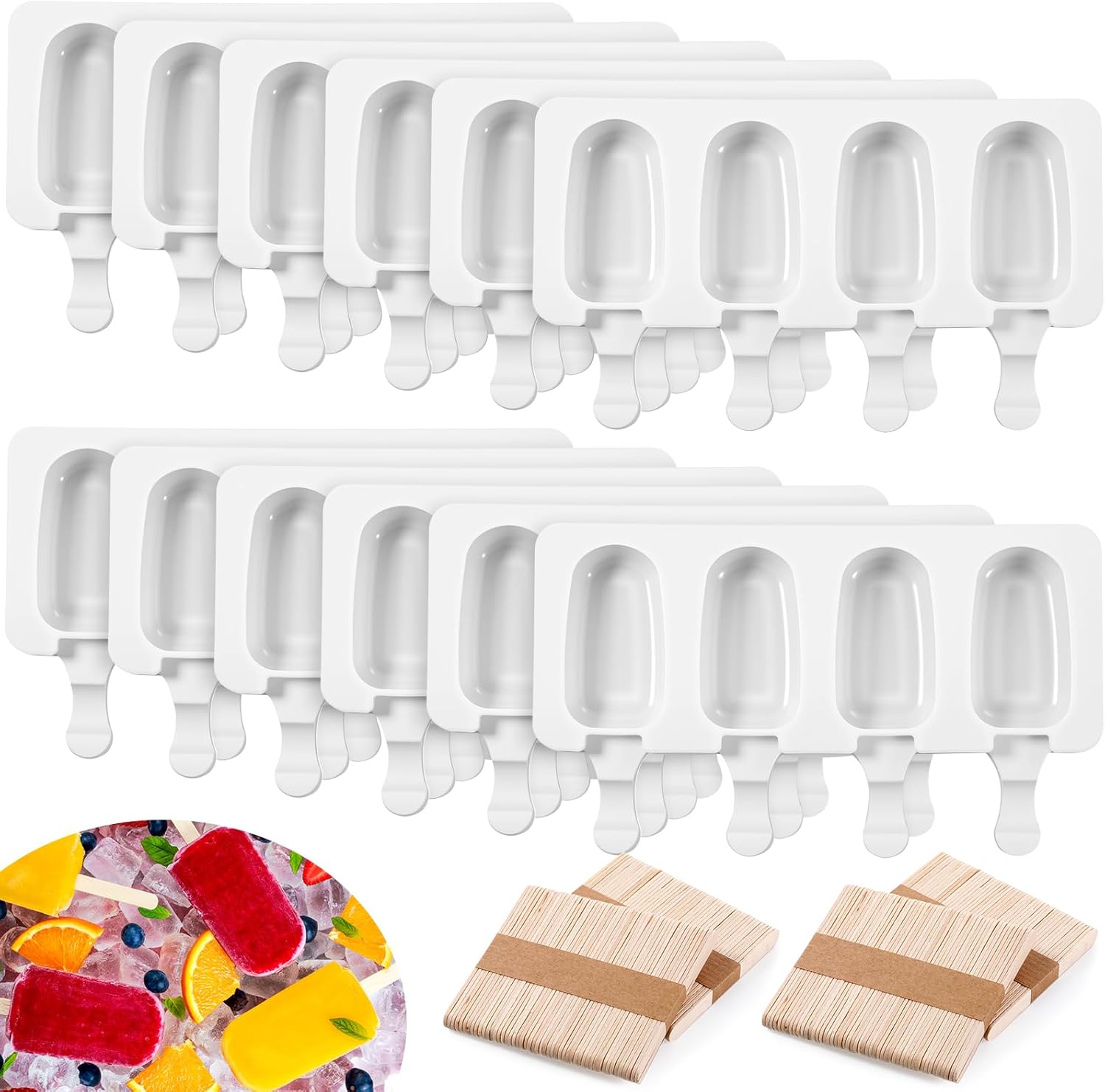 Outus 12 Pieces Ice Cream Mould Silicone Ice Lolly Mold 4-cavity Cake Pop Moulds Baking Molds with 200 Pieces Sticks for Treats