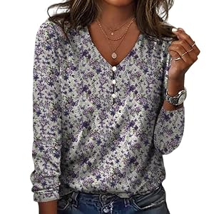 ZOCANIA Boho Button Down Shirts for Women Floral Printed V Neck Long Sleeve Womens Tunics Trendy Casual Graphic