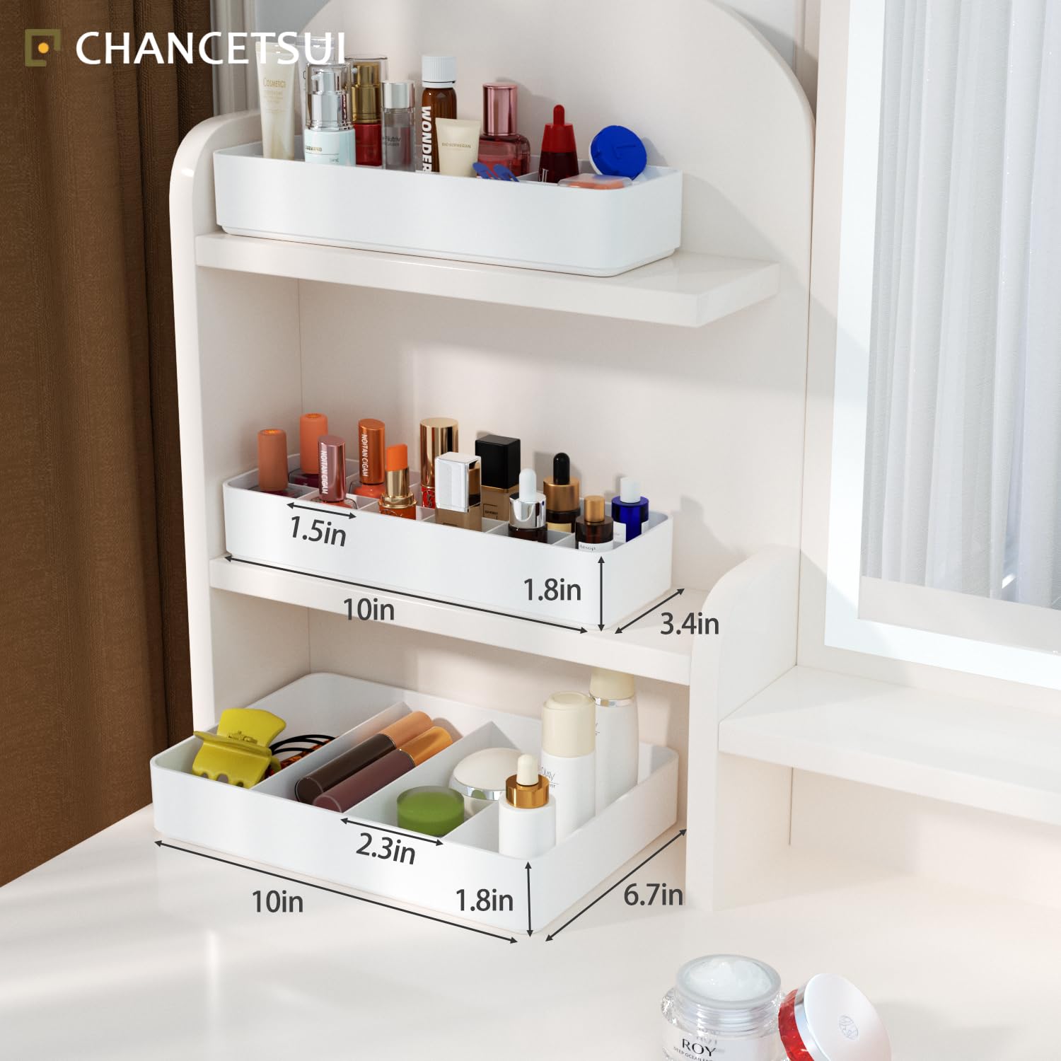 Stackable Drawer Organizer, 3 PCS Versatile Bathroom and Vanity Drawer Organizers Trays Makeup Organization and Storage Set for Lipstick, Lip Gloss, Nail Polish, Cosmetics, Skincare, Jewelry, White