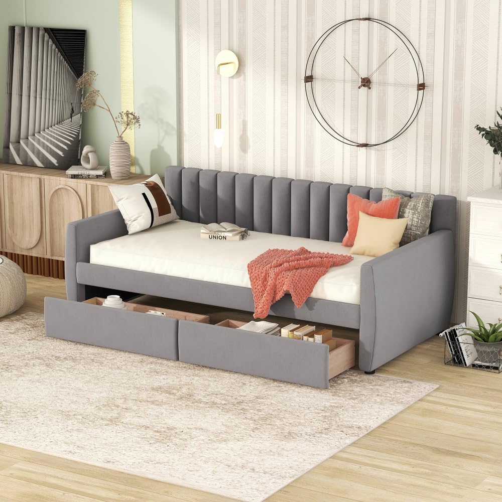 Twin Size Upholstered daybed with Drawers, Wood Slat Suppor (Gray + Velvet)