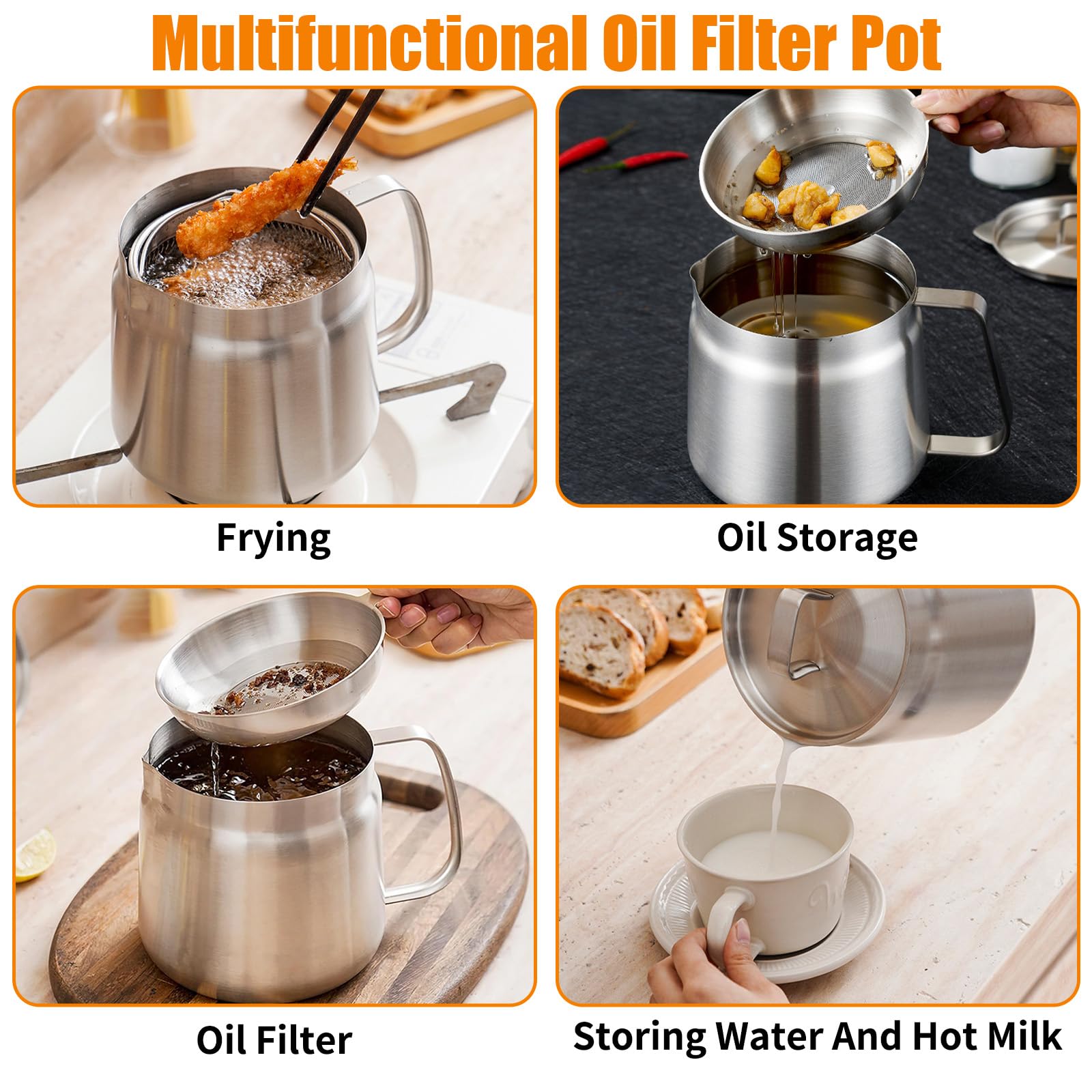 Friteuse Acier Inoxydable 304 avec Mailles Filtre Fines & Filtrant Panier, Marmite Huile Multifonctionnelle 2L Couvercle Anti-Poussière, Récipient Graissee Poignée pour Graisse Cuisson Frire
