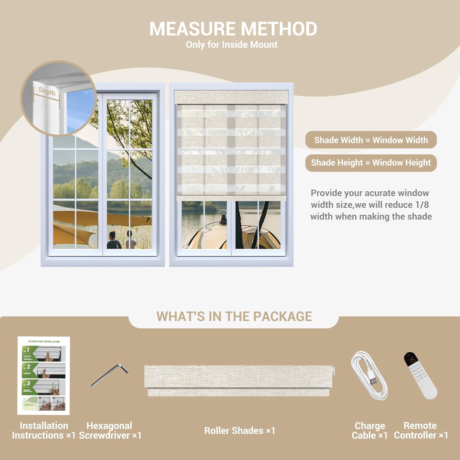 Boolegon No Drill Motorized Zebra Blinds with Remote, 65% Blackout Smart Zebra Shades for Indoor Windows, Easy to Install Automatic Roller Shade, Cloud Sheer Ivory White, Custom Sizes