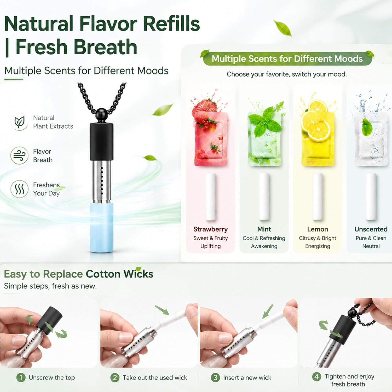 Wearable Inhaler Necklace, 4 Replaceable Silicone Mouthpieces & Aroma Cores, Stainless Steel Pendant, Oral Fixation & Habit Replacement Tool for Travel, Outdoor & Daily Use