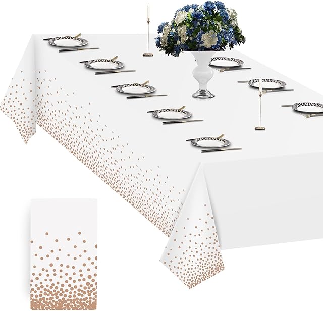 White and Gold Table Cloth Party Rectangular, Disposable Tablecloths, 108" x 54" Large Plastic Table Cover Waterproof for Mather's Valentine's Day Easter Xmas Wedding Graduation Birthdays Decorations