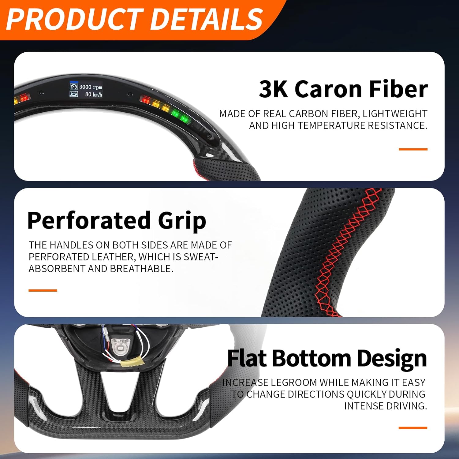 Real Carbon Fiber Steering Wheel, Perforated Leather Grip LED Steering Wheel Fit For Dodge Charger Challenger Durango SRT 2015-2024